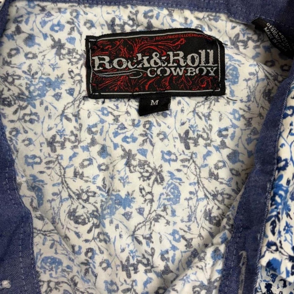 Rock & Roll Cowboy Blue White Floral Pearl Snap Western Shirt Mens Size M - Picture 2 of 5